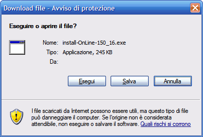 Pannello di installazione del file install-OnLine-150_15.exe