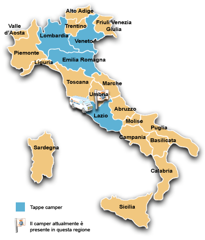 Cartina geografica dell´Italia con il percorso orientativo ed alcune delle tappe che verranno effettuate da "Il Fisco mette le ruote" nel 2013